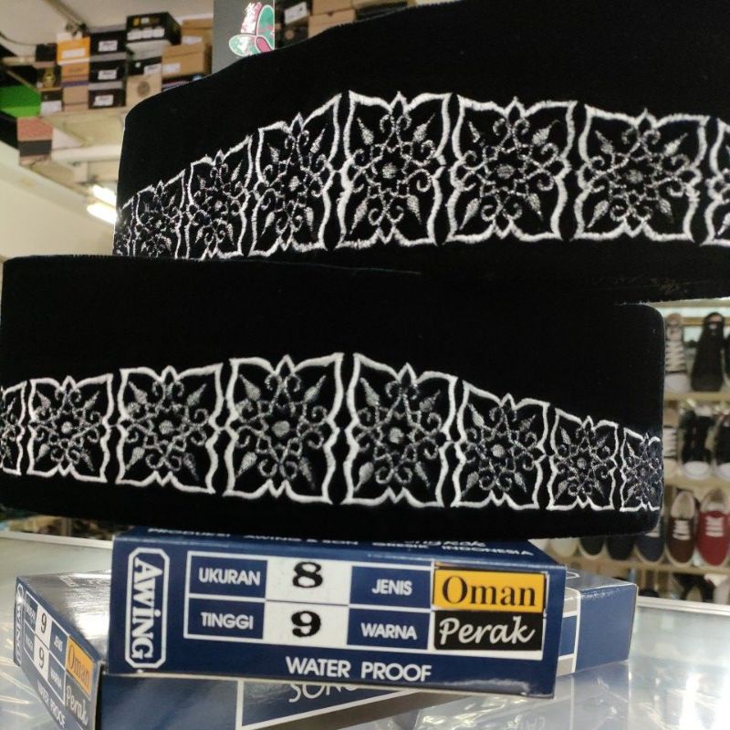 Peci Hitam 'AWING' AC motif bordir OMAN PERAK Tinggi 9