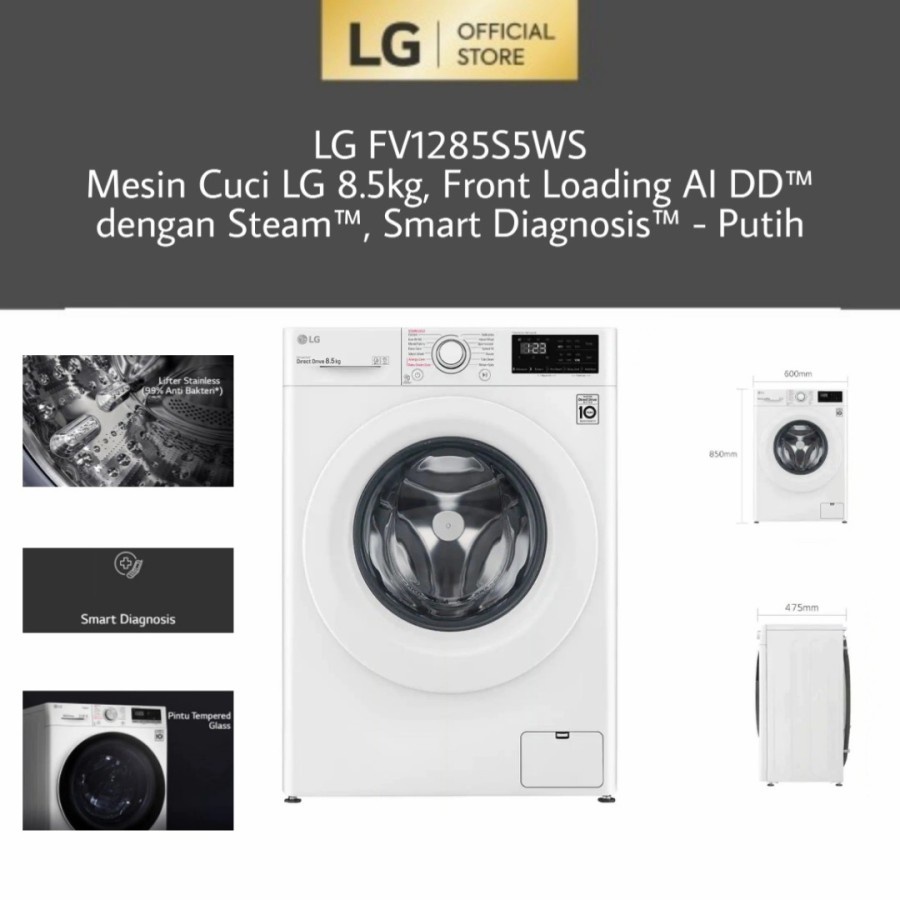 Mesin Cuci LG 8.5kg Front Loading FV1285S5WS dengan Steam - Smart Diagnosis