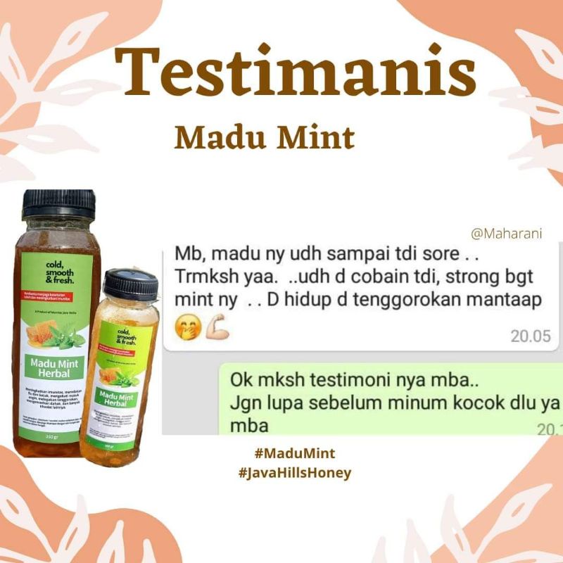 JAVAHILLS GRATIS SENDOK KAYU| MADU MINT HERBAL JAVA HILLS 650gr (untuk batuk, pilek, masuk angin,dsb)