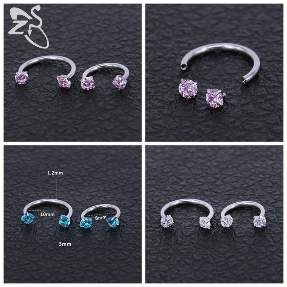 1pc Cincin Tindik Hidung / Bibir / Telinga Bentuk C Bahan Stainless Steel Hias Kristal Zirconia 8 / 10mm