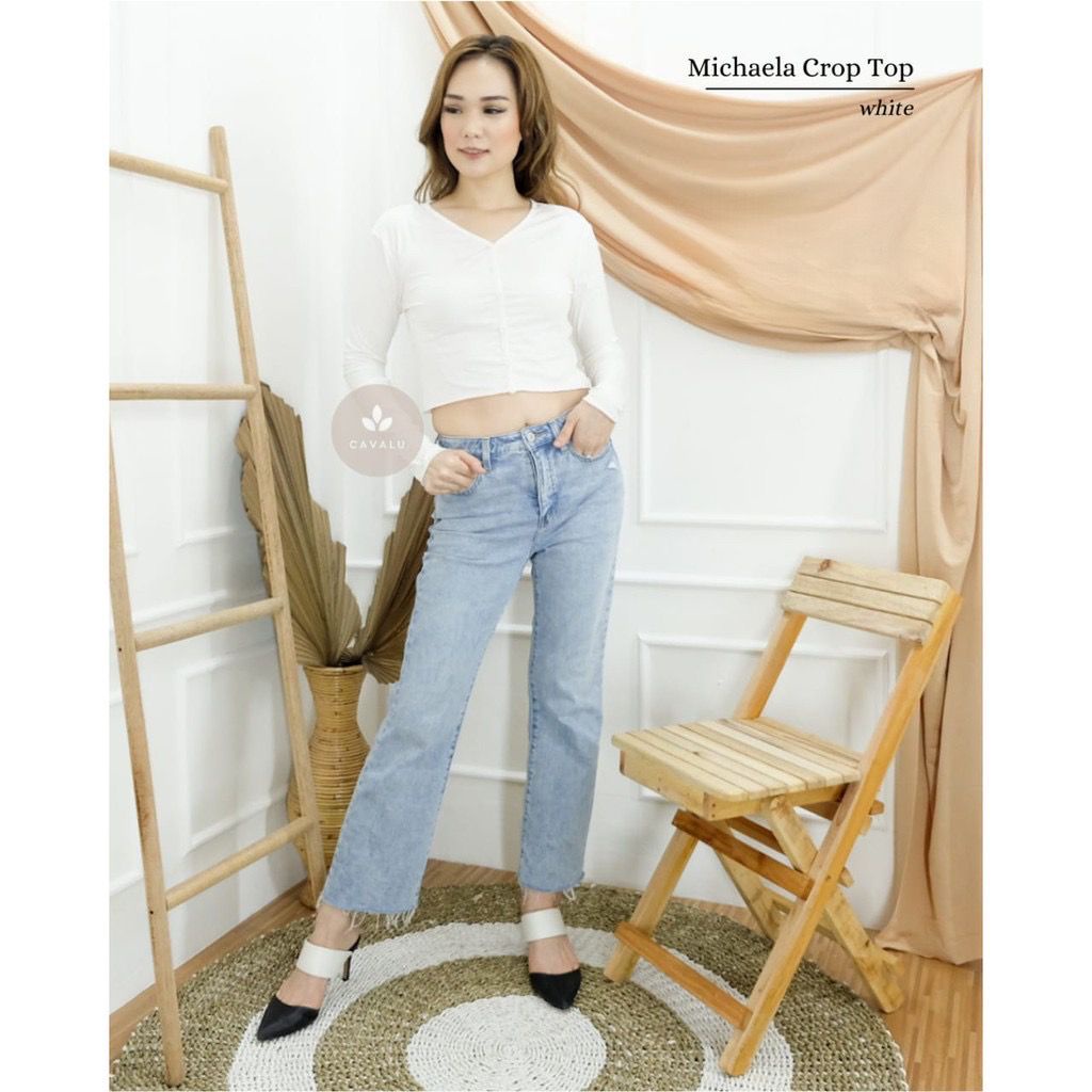 CAVALU 078 Michaela Crop Top Korean Long Sleeve Crop Top Baju Atasan Lengan Panjang Wanita