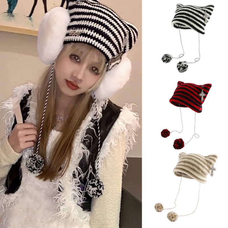 Topi Kupluk Rajut Model Telinga Kucing Motif Garis