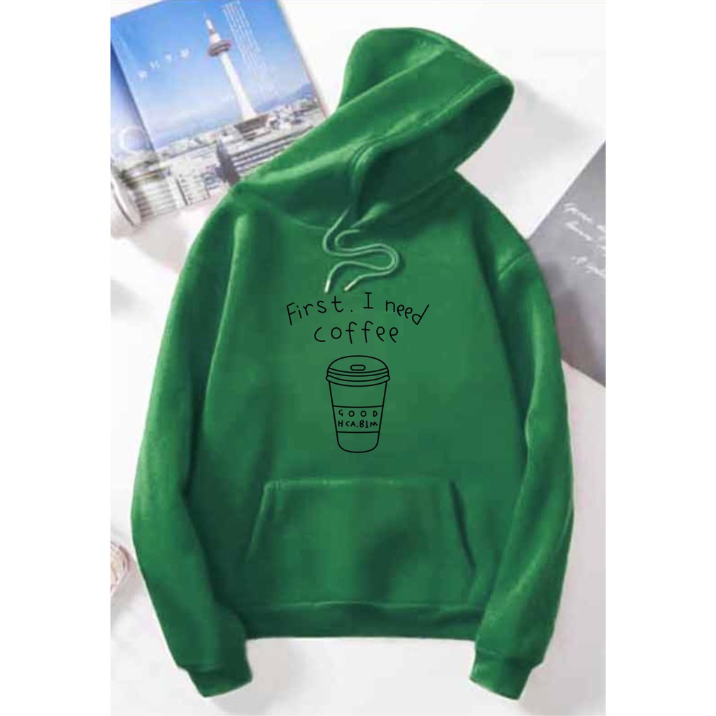 FenishaStore Sweater Hoodie Kantong Depan First I Need Cofee Bisa Bayar Ditempat COD