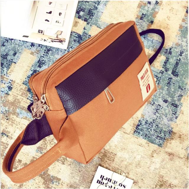 Durable tas pouch pria wanita canvas kombinasi kulit asli