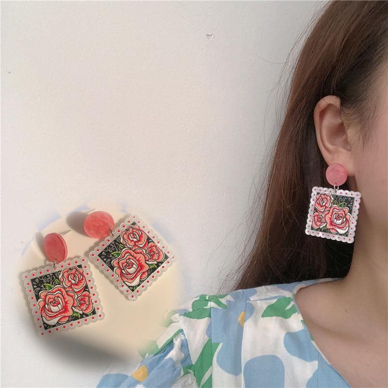 Anting Tusuk Motif Print Geometri Gaya Retro Untuk Wanita