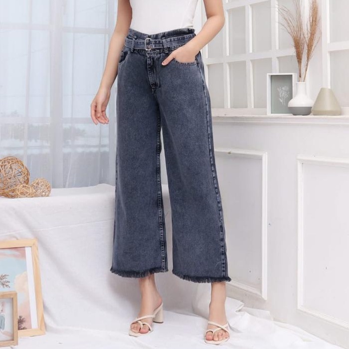 HOPYLOVY SALE Celana Kulot Jeans Wanita Highwaist Jeans Washed Free Belt BF Rawis Tanisa