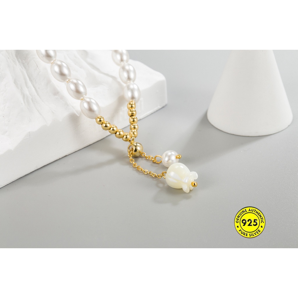 Kalung S925 Silver Liontin Mutiara Bunga Lily Lapis Emas 18K Gaya Elegan