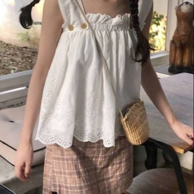 Tank Top yukensi baju putih baju bangkok wanita atasan kancing atasan whitte button blouse top