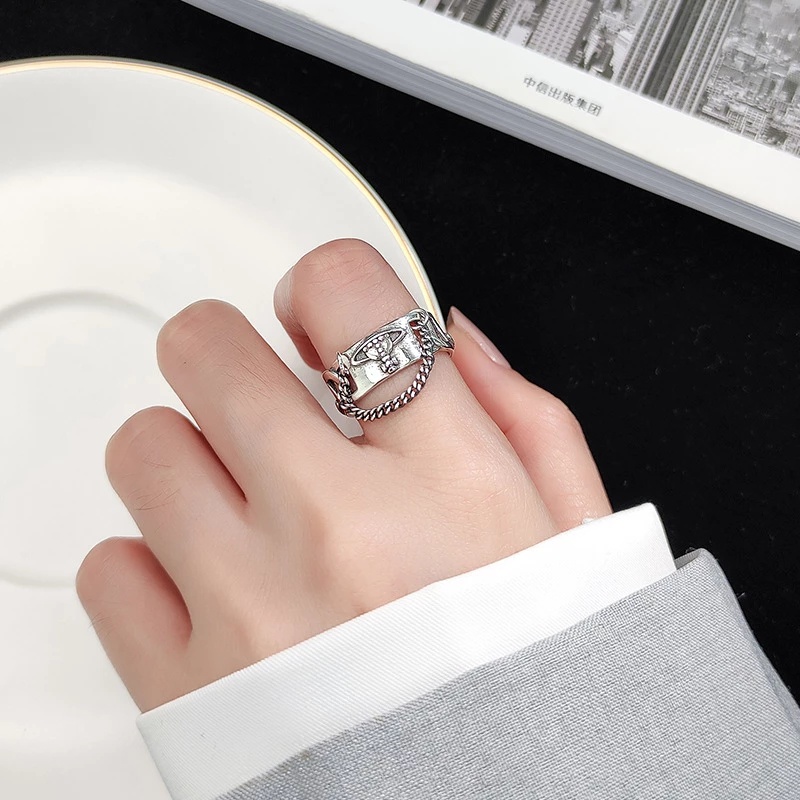 Unisex Vintage Perak Terbuka Cincin Rantai Pesta Ukuran Yang Dapat Disesuaikan Elegan Retro Rings Perhiasan Desain Planet Globe Tipis Fashion Alloy