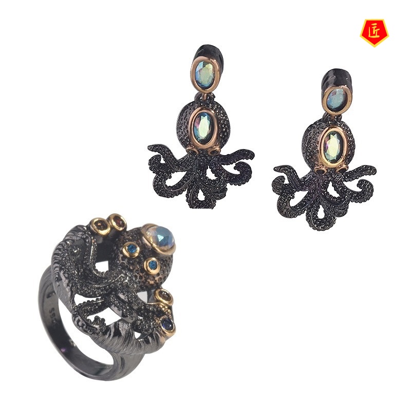 [Ready Stock]Black Gold Squid Ring Creative Octopus Earings Set