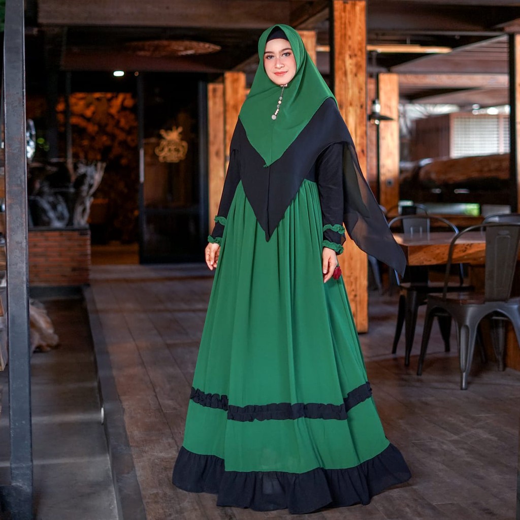 GAMIS NAJMA SYARI SET CERUTY BABY DOLL MIX JERSEY HIJAU BOTOL PANJANG 142 CM KLOK 4 METER