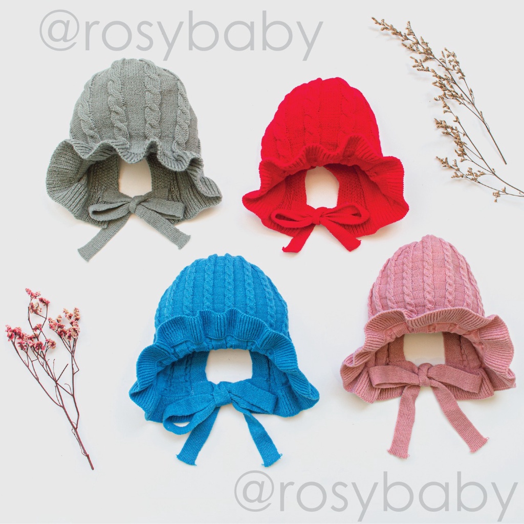 Topi Kupluk Rajut Casual Aksen Ruffle Warna Polos untuk Bayi Perempuan Usia 6-5 tahun topi renda