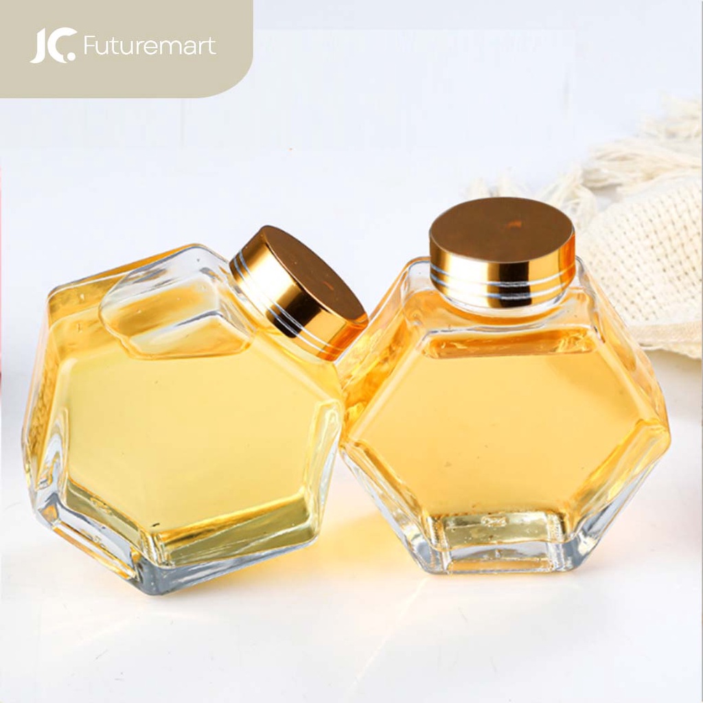 BOTOL KACA MADU HEXAGONAL KEMASAN MADU TUTUP GOLD LID HONEY GLASS JAR