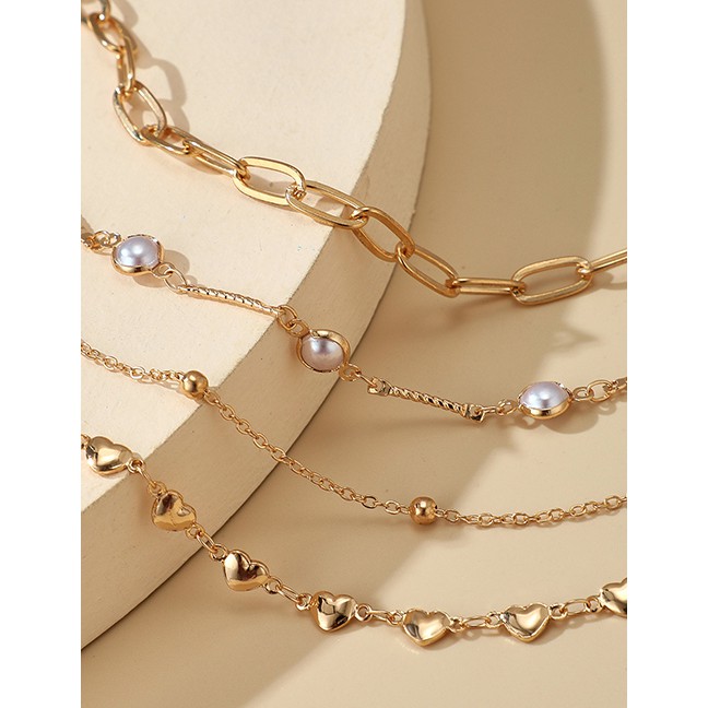 LRC Gelang Kaki Fashion Golden Thick Chain Pearl Love Round Bead Multilayer Anklet P06603