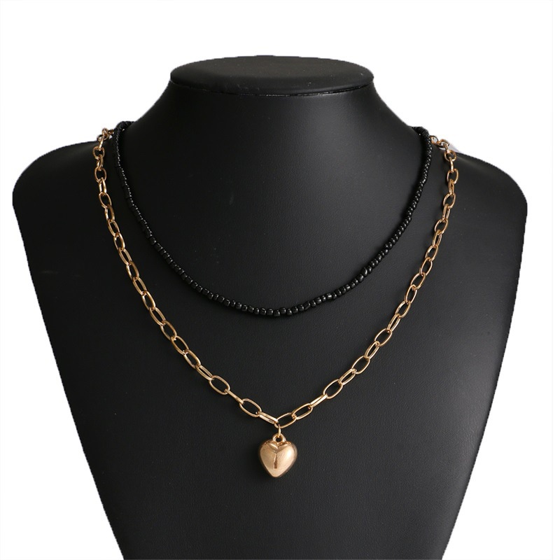 Black Bead Love Pendant Double Clavicle Chain Stacked Bead Necklace For Women