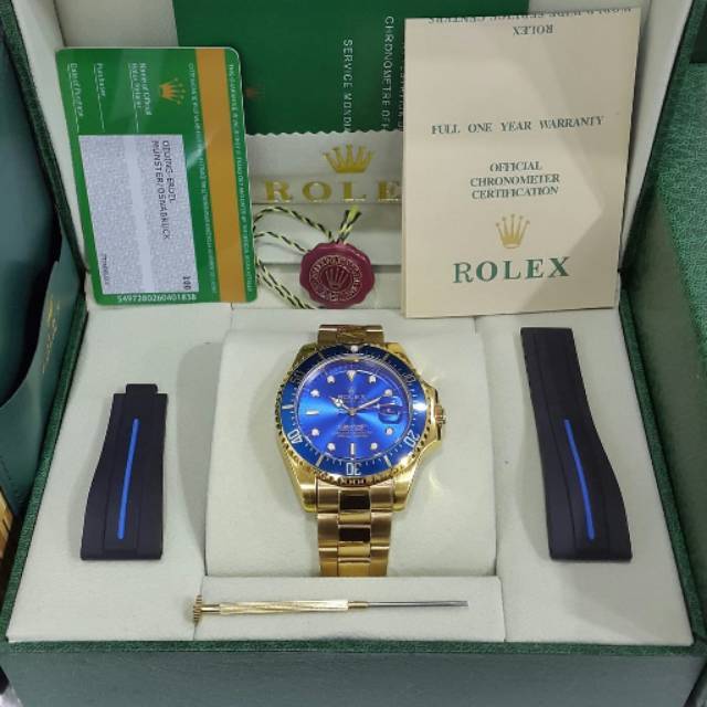 Jam Tangan Pria ROLEX Submariner Automatic Rantai Gold Include Box Ori dan kelengkapan