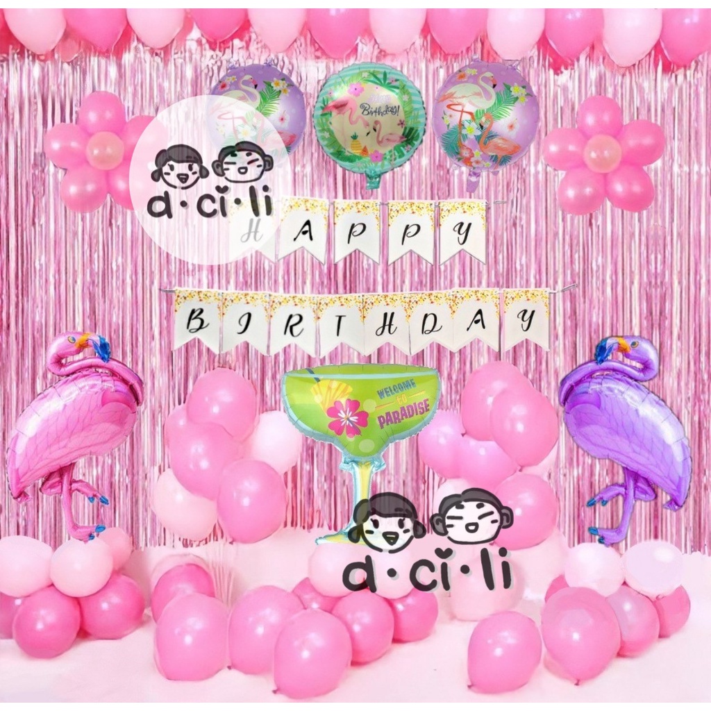 Paket Dekorasi Hiasan Balon Ulang Tahun / Happy Birthday Flamingo 03
