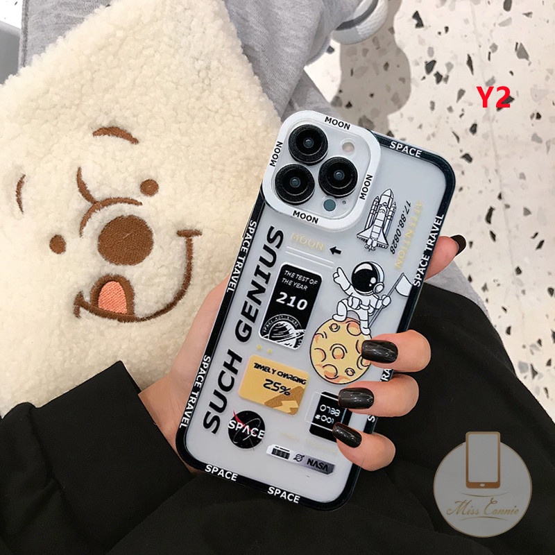 IPHONE Ins Astronot Planet Luar Angkasa Pasangan Ponsel Bening Case Kompatibel Untuk Iphone11 7 8 6 6s Plus 12 13 11 14 Pro MAX 7Plus XR X SE 2020 XS MAX Transparan Menebal Silikon Lembut TPU Cover