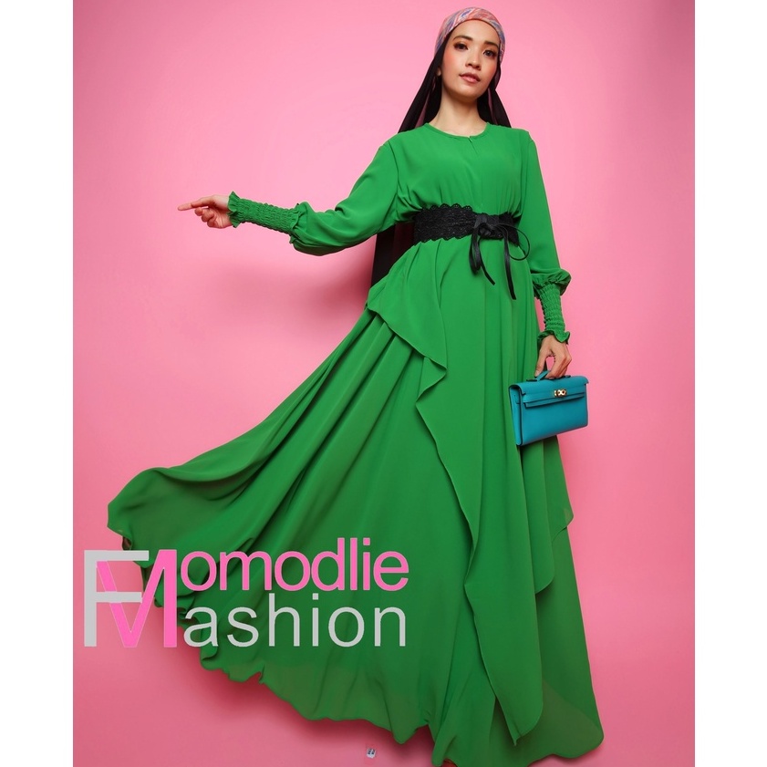 gamis mirela belt hijau, gamis maxi dress, gamis chiffon, dress polos terbaru, dress kondangan kekin