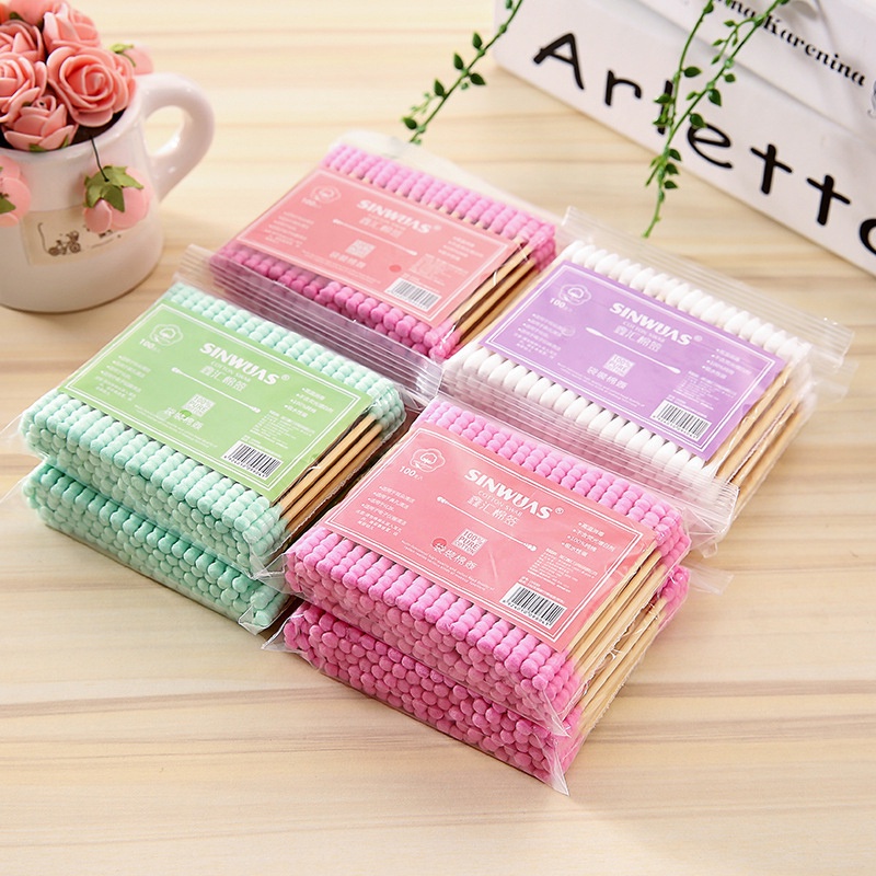 Kangaroomom 100 pcs/pack Baby Cotton Swab Thin Buds Berwarna Ganda-Spiral Ujung Kapas Sanitary Swab Kecil-Won