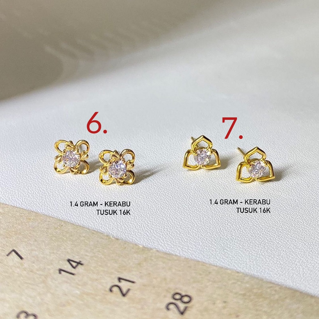 Anting duduk anak dan dewasa emas asli kadar 700 70 16k kerabu giwang tusuk paku clover kupu2 winter love heart hati permata like diamond ringan simple 1 2 3 satu dua tiga gram gr g