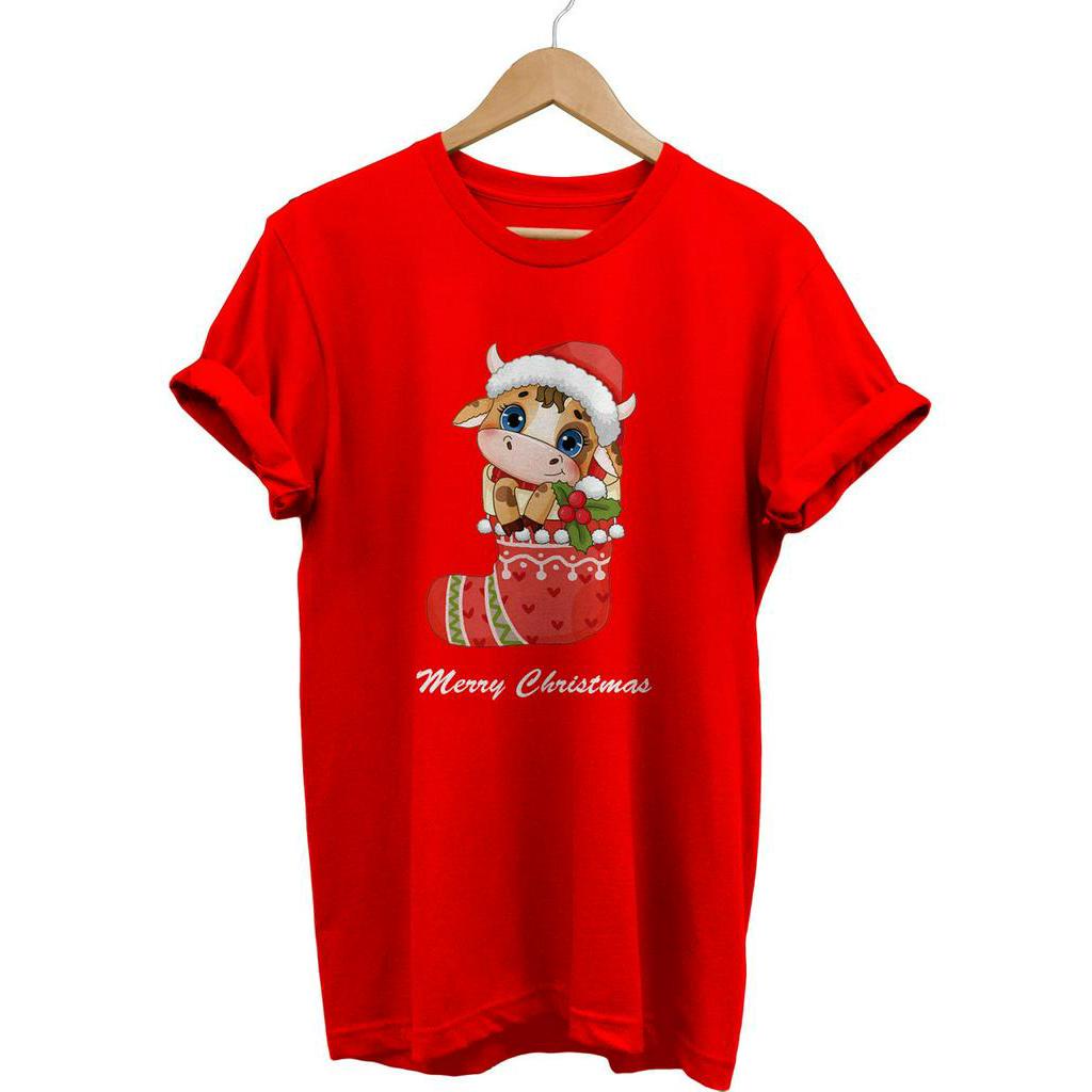 KAOS NATAL MERRY CHRISTMAS MOO STOCKING COW CHUBBY COMBED 30S BAJU NATAL