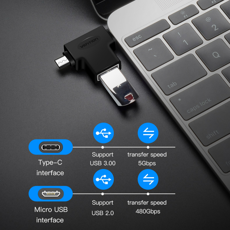 Vention Kabel Adapter Otg 2 In 1 Tipe-C &amp; Micro Usb Ke Usb 3.0 Portable Untuk Laptop / Android