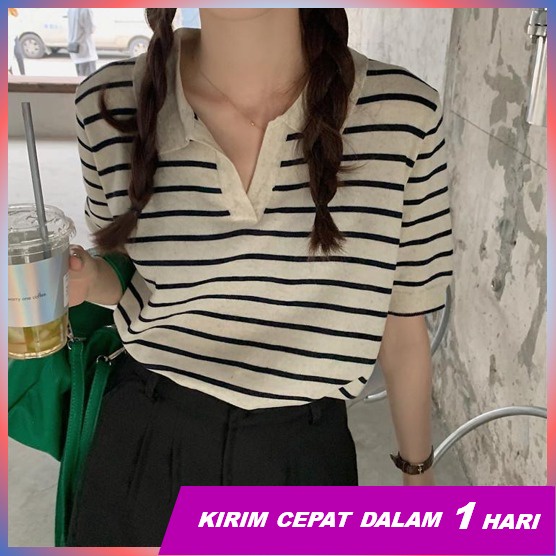 Super66 Baju Atasan Wanita Korean Style/ Baju Atasan Lengan Pendek Kerah  V-neck/ Korean Stripped/ Knitted Korean Style