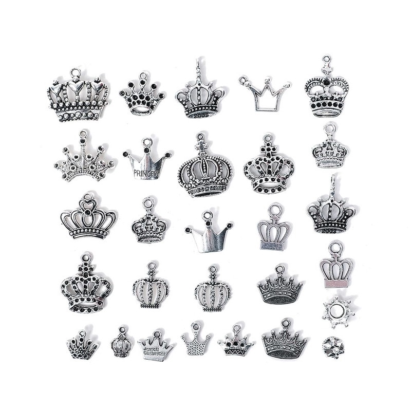 50PCS Mixed Tibetan Silver Crown Pendants For Necklace Jewelry Making