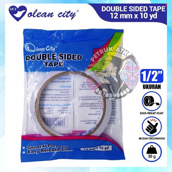 

[ROL] ISOLASI DOUBLE TAPE OLEAN CITY 0.5 INCH / 12 MM X 10 YARD / DOUBLE SIDE / BOLAK-BALIK / TAPE DUA SISI