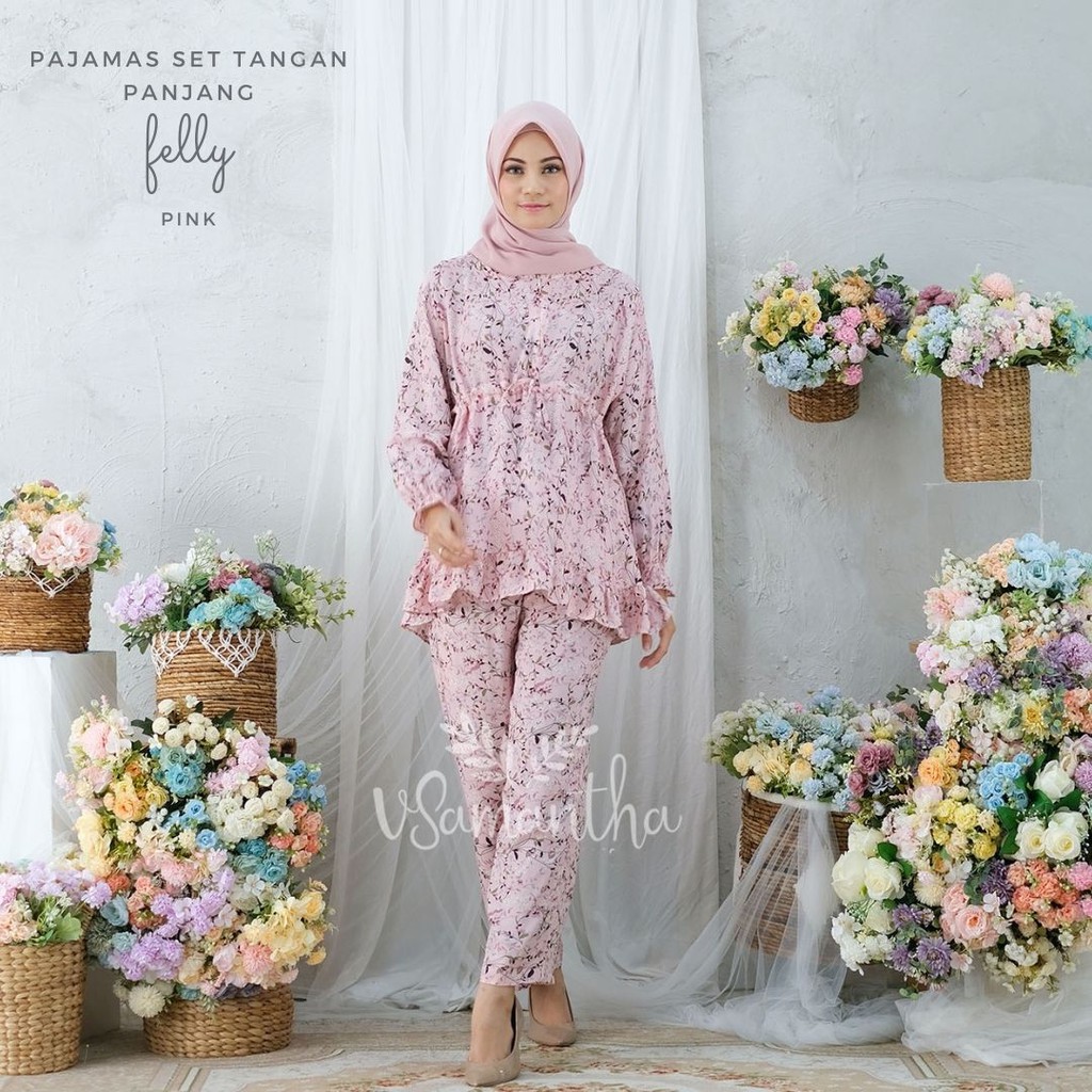 vSamantha - Pajamas Set / Piyama Set Muslim Rayon Rempel Busui Friendly - Tangan Panjang-Felly Pink