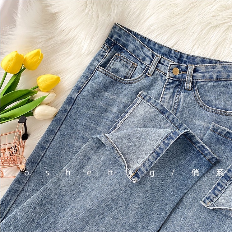 korean kekinian boyfriend rok high waist straight fit jeans wanita