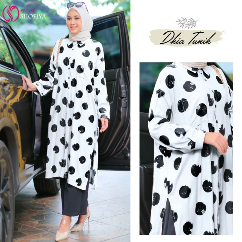 Dhia Tunik Polkadot JUMBO Katun LD 140 Baju Atasan Wanita Busui Panjang Putih Big Size