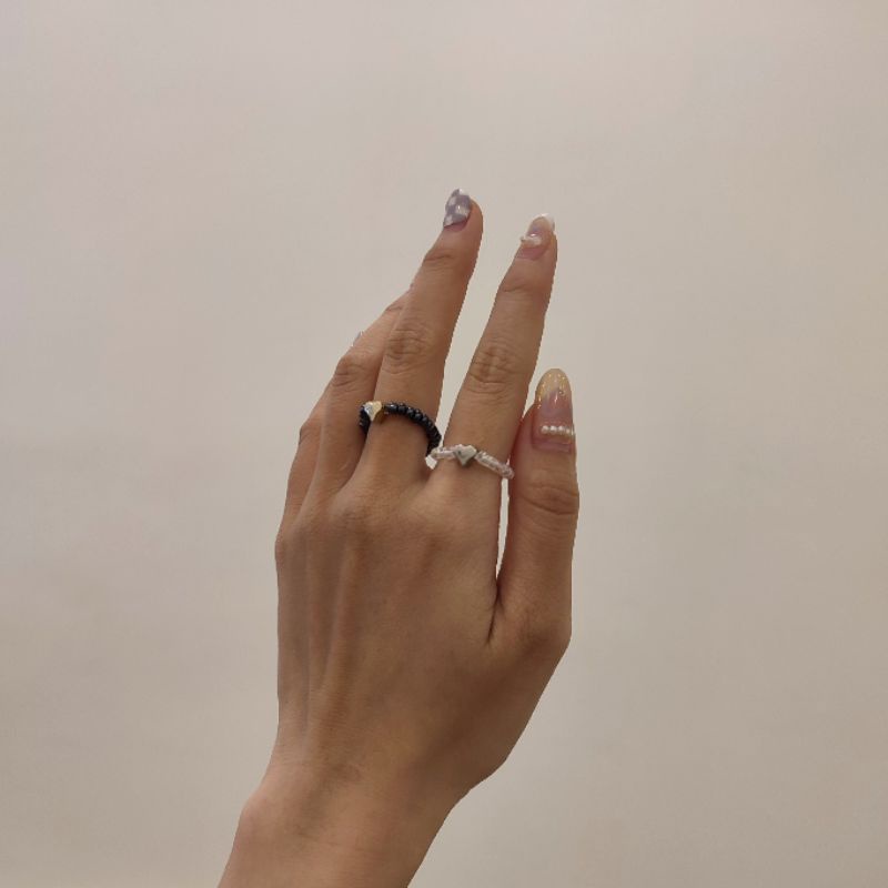 Cincin Aesthetic Beads Love Tiara Crown Elastic Ring Elastis Hati Mahkota