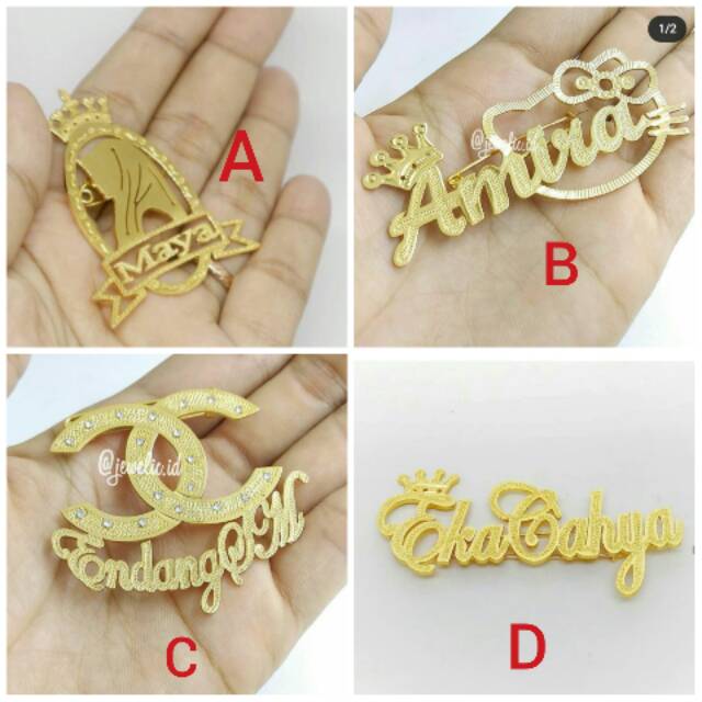 Bros nama / pin model peniti lapis emas / peniti hijab / aksesoris hijab kerudung jilbab / tuspin mu