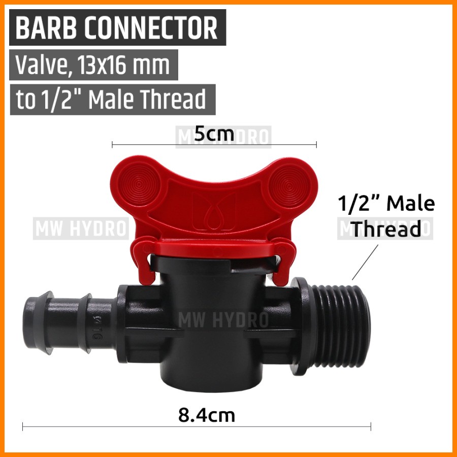 Barb Valve 1/2 inch Drat (Male/Jantan) ke Selang PE 16 mm / 13 mm