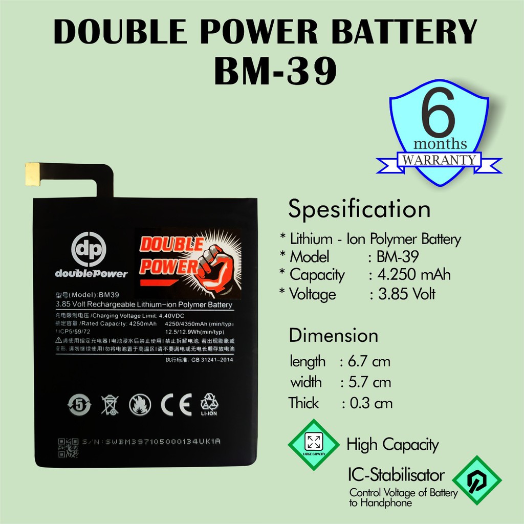 Battery Double Power Baterai Xiaomi Mi6 seri BM39 4200mah