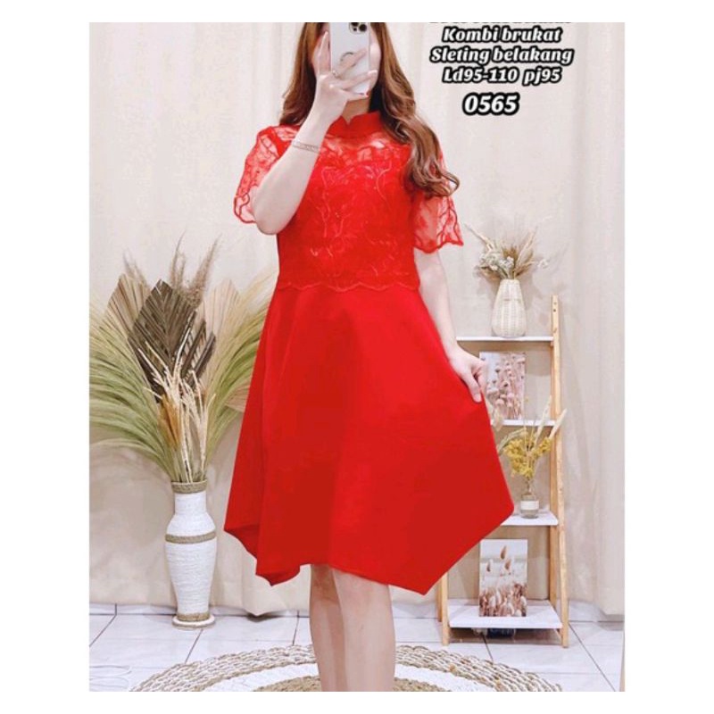 DRESS MERAH EDISI IMLEK#BAHAN SCUBA MIX BRUKAT#MERAH#IMLEK#FASHION#WANITA#DREES#