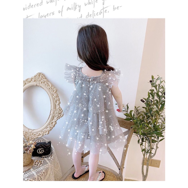 Dress Anak Princess Pesta Warna Grey Motif Layer Glitter Import