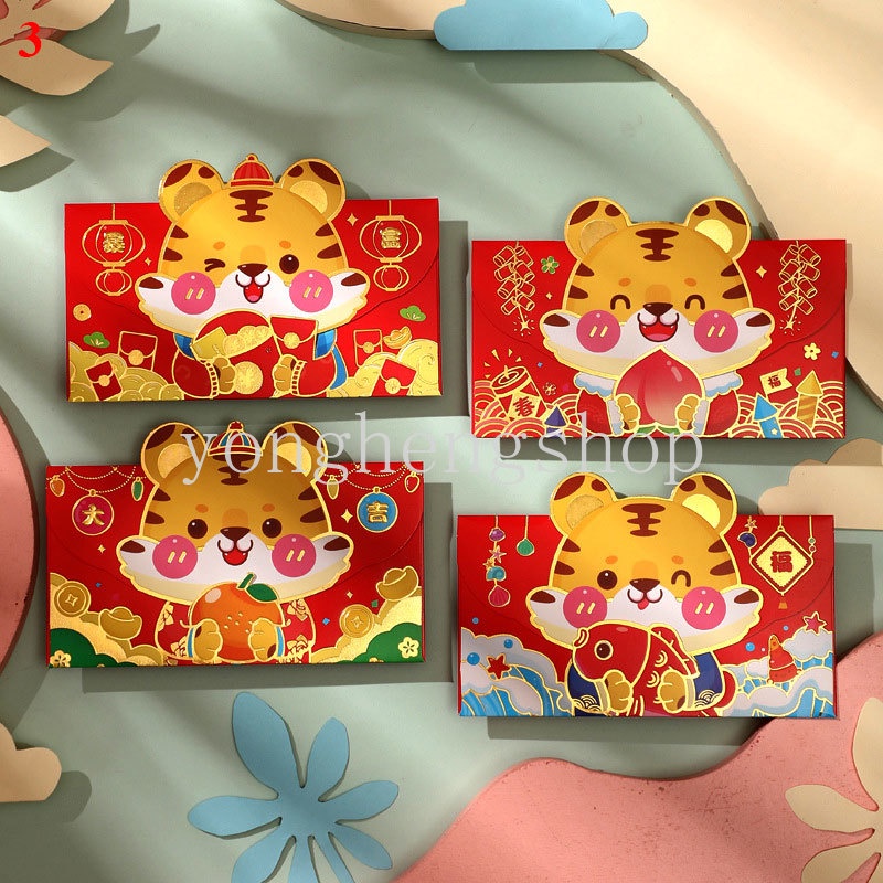 4pcs / set Amplop Angpao Merah Motif Macan Kartun Untuk Tahun Baru Cina / Pernikahan / Ulang Tahun