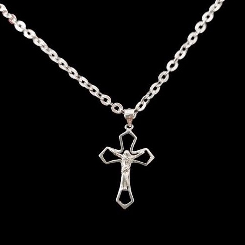 Kalung Salip Yesus Perak Asli 925 Lapis Emas Putih - Anti Karat - Perhiasan Wanita