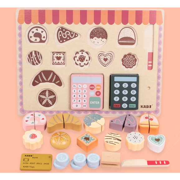 KABI Wooden BAKE SHOP Board Puzzle Game / Mainan Kayu Pretend Play Anak Masak-Masakan / Mainan Pretend Play Kasir Cake Bakery / Mainan Toko Roti Anak / Mainan Edukasi Puzzle Kayu Berkualitas