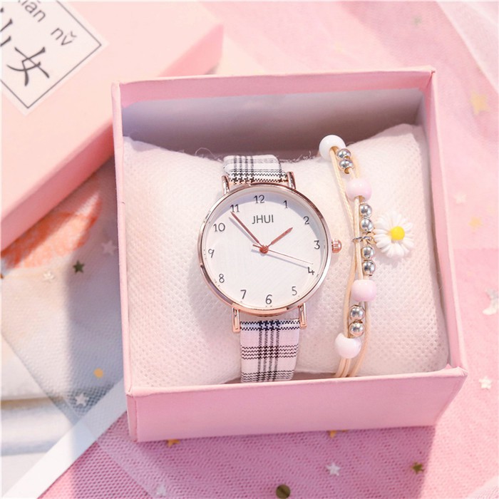 Jam Tangan Analog Wanita Quartz Strap Pu Leather Motif Kotak-Kotak Fashion Wanita Korean Watch-40-8 Coklat Muda