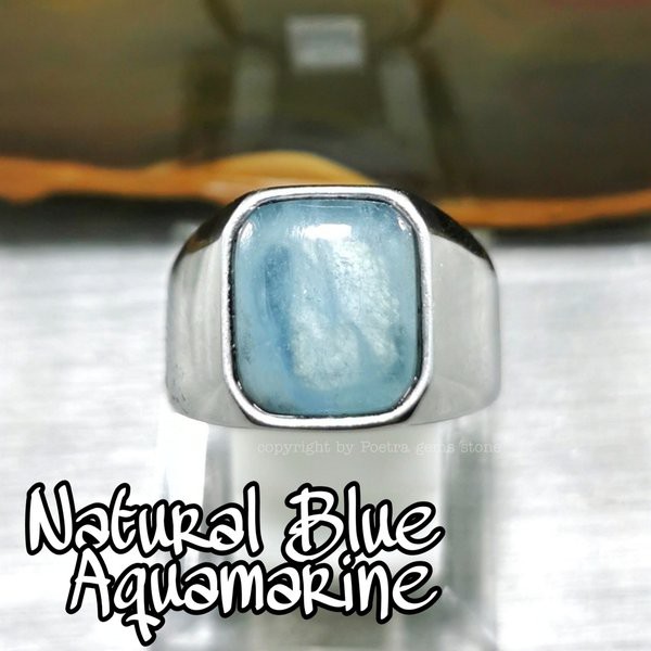 Cincin Batu Permata Natural Blue Aquamarine Berly Octagon