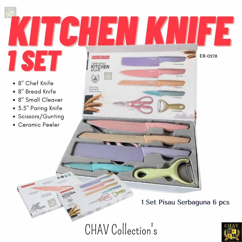 Pisau Dapur Serbaguna 1 Set 6 pcs Corrugated Kitchen Knife Gunting Wheat Straw Stainless Steel