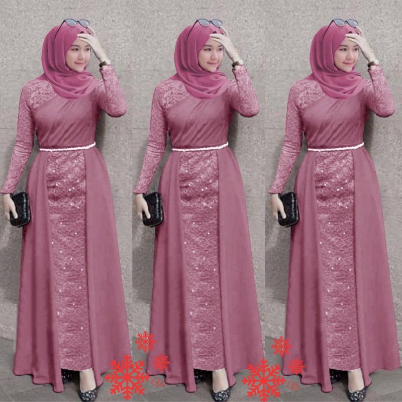BAJU GAMIS MAXY MAXI JERSEY DRESS BRUKAT BROKAT LENGAN TANGAN PANJANG IMPORT PREMIUM UNTUK PESTA NIK