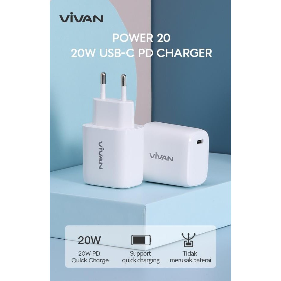 Vivan Power 20 USB-C 20W Power Adapter PD Charger Apple iPhone Android