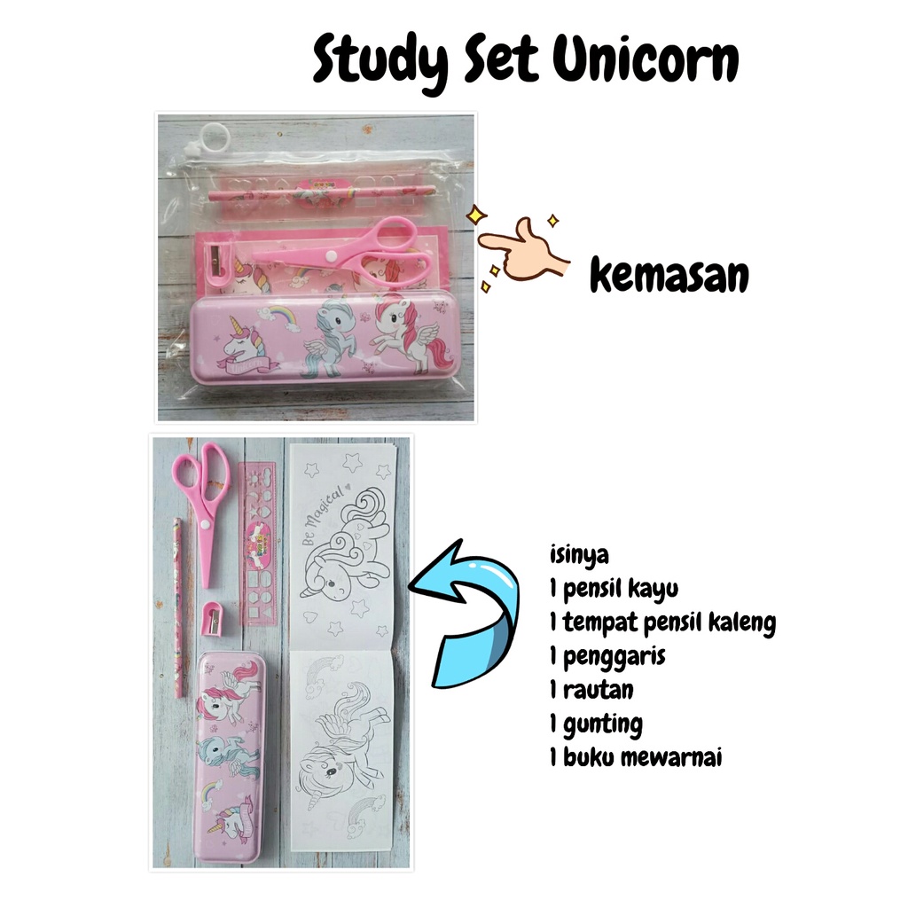 

paket alat tulis study set, gunting & buku mewarnai karakter unicorn kuda tanduk