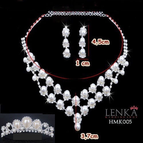 Paket Mahkota Kalung Anting Mutiara l Aksesoris Pengantin Modern Lenka - HMK005