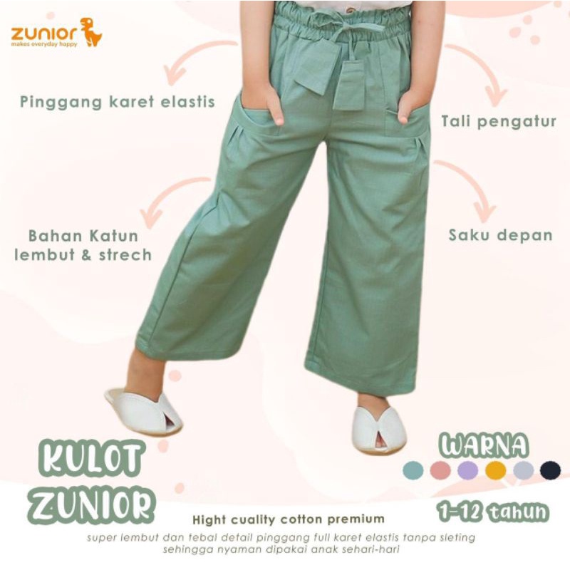 Celana Anak Perempuan Kulot Panjang Bahan Katun Warna Hitam Mustard Harian Pants Zunior